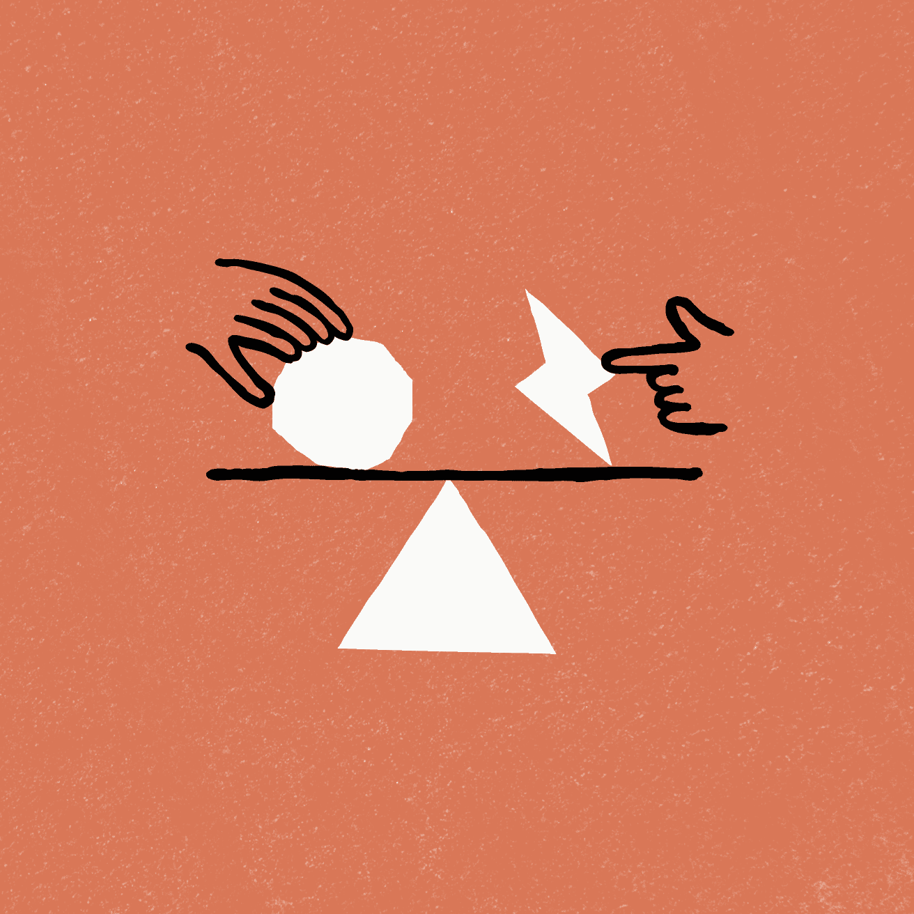 An illustration of a scale with a hand and a ball on one side and a lightning bolt with a hand on the other side.